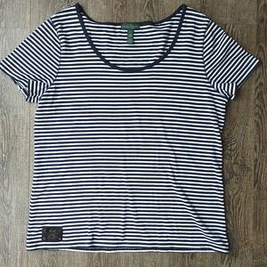 LRL Lauren Jeans Women's Blouse Size XL Navy Blue White Striped Round Neck Ralph